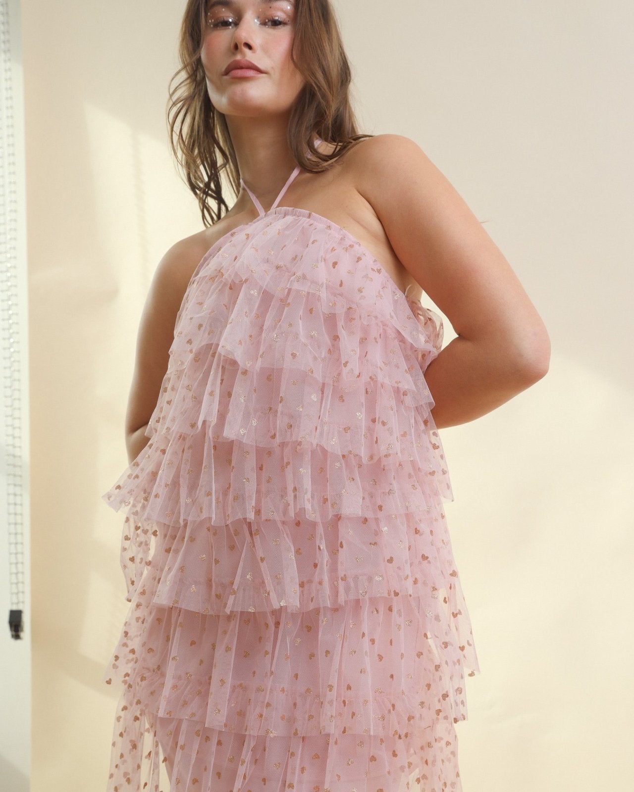 Blush Pink Tiered Foil Heart Pattern Ruffle Tulle Halter Mini Dress - Cindy Jane Boutique - Short Dresses