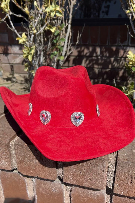 Bright Red Faux Suede Heart Jeweled Cowgirl Hat - Cindy Jane Boutique - Hats