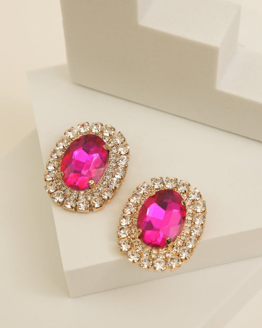 Fuchsia Oval Pave Trim Stud Statement Earrings - Cindy Jane Boutique - Earrings