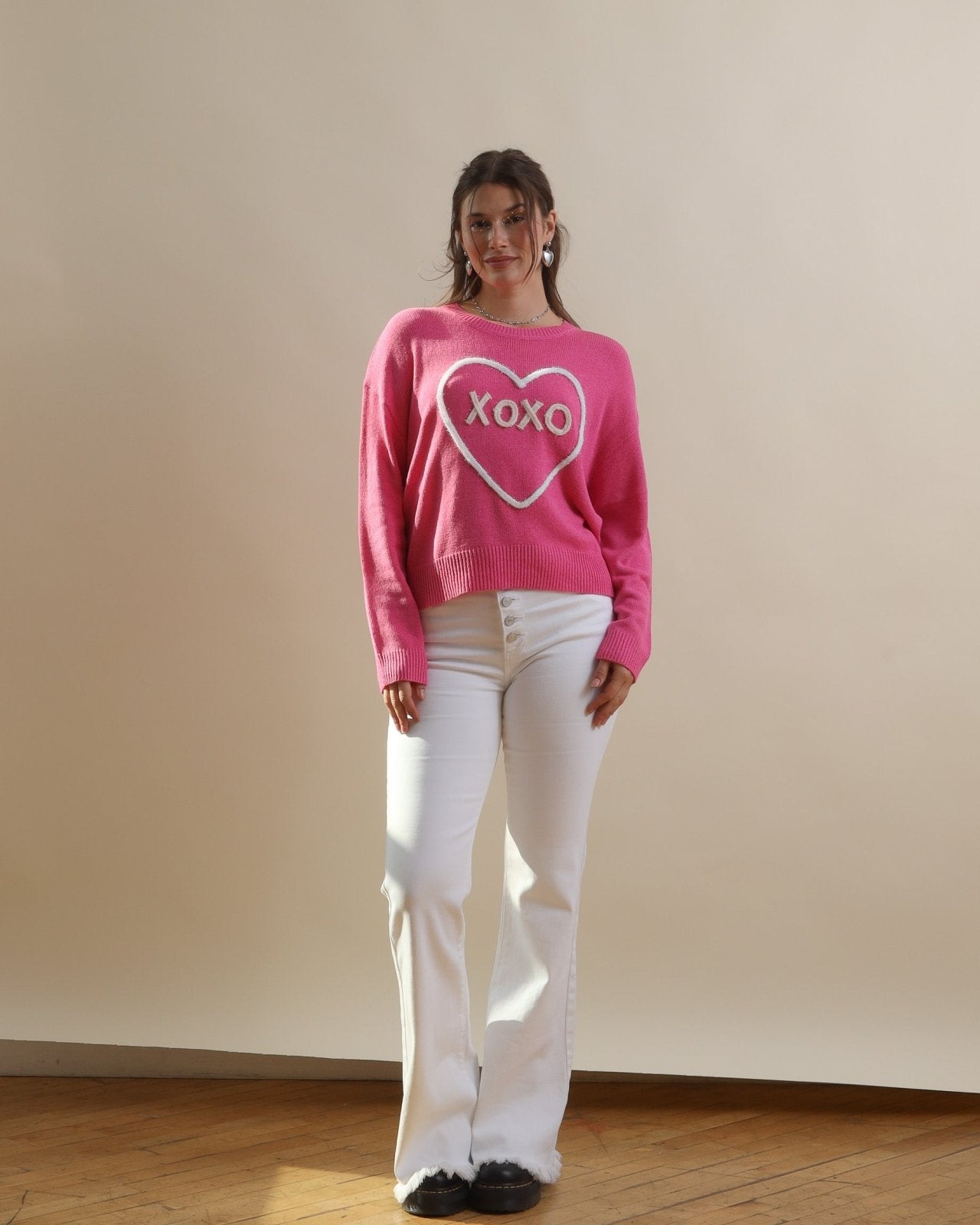 Hot Pink Long Sleeve 'XOXO' Heart Pullover Sweater - Cindy Jane Boutique - Sweaters & Cardigans