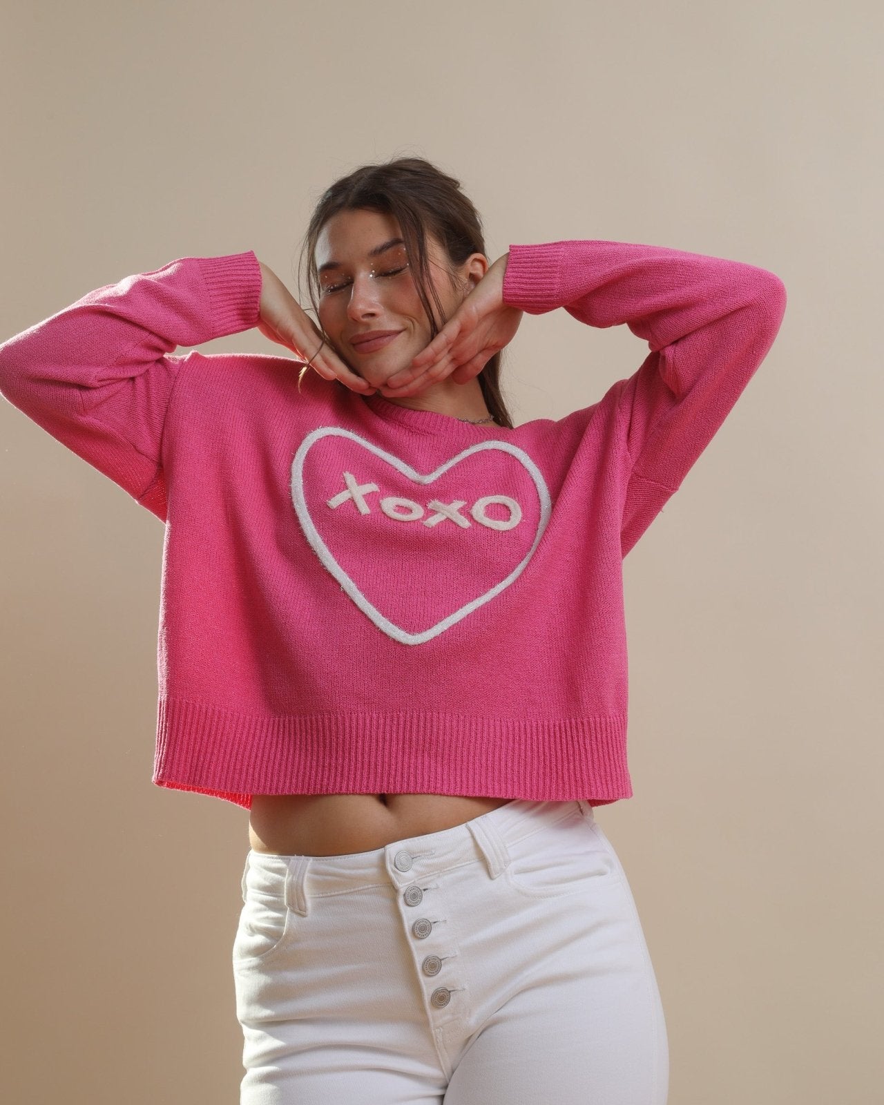 Hot Pink Long Sleeve 'XOXO' Heart Pullover Sweater