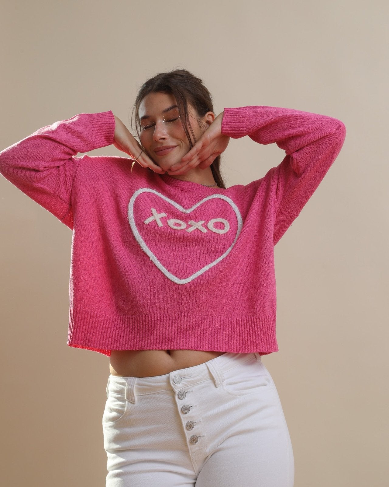 Hot Pink Long Sleeve 'XOXO' Heart Pullover Sweater - Cindy Jane Boutique - Sweaters & Cardigans