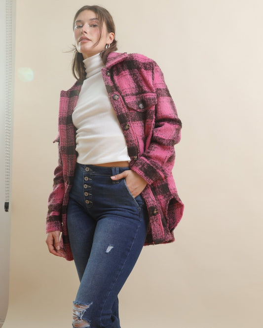 Hot Pink Oversized Long Sleeve Plaid Shacket - Cindy Jane Boutique - Coats & Jackets