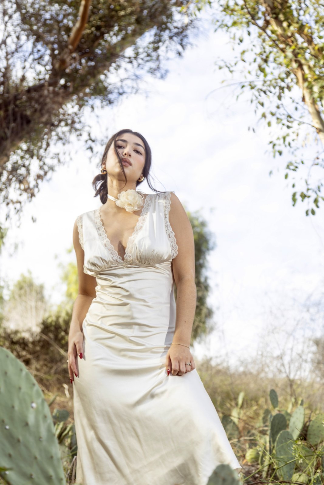 Ivory Lace Trimmed Satin Bias Cut Maxi Dress L / Ivory Ivory Lace Trimmed Satin Bias Cut Maxi Dress L / Ivory