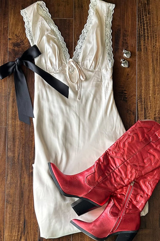Ivory Lace Trimmed Satin Bias Cut Maxi Dress - Cindy Jane Boutique - Maxi Dresses