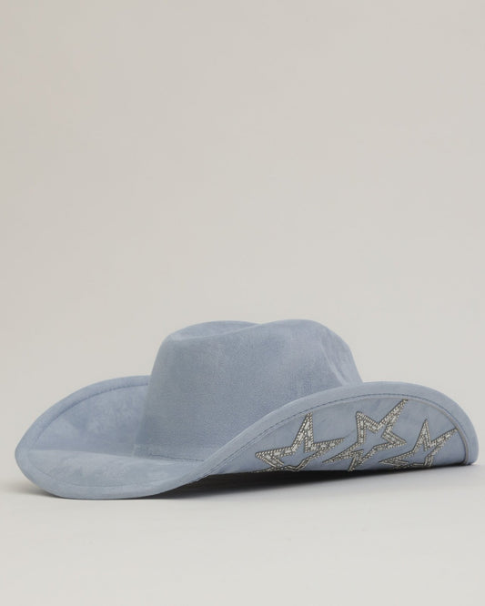 Light Blue Embellished Star Brim Rhinestone Cowgirl Hat - Cindy Jane Boutique - Hats