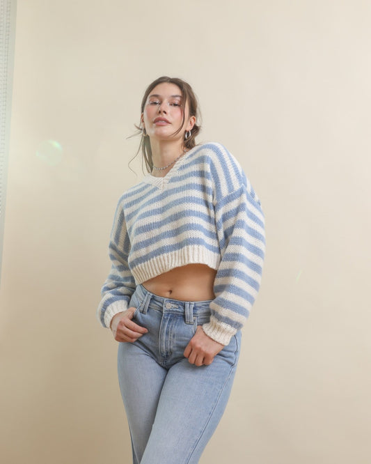 Light Blue Multi Long Sleeve V-Neck Striped Cropped Sweater - Cindy Jane Boutique - Sweaters & Cardigans