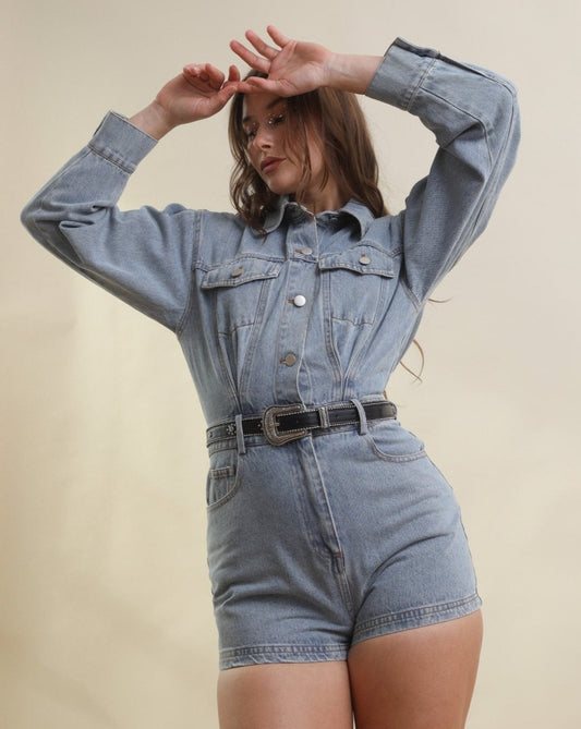 Light Wash Long Sleeve Denim Romper - Cindy Jane Boutique - Rompers