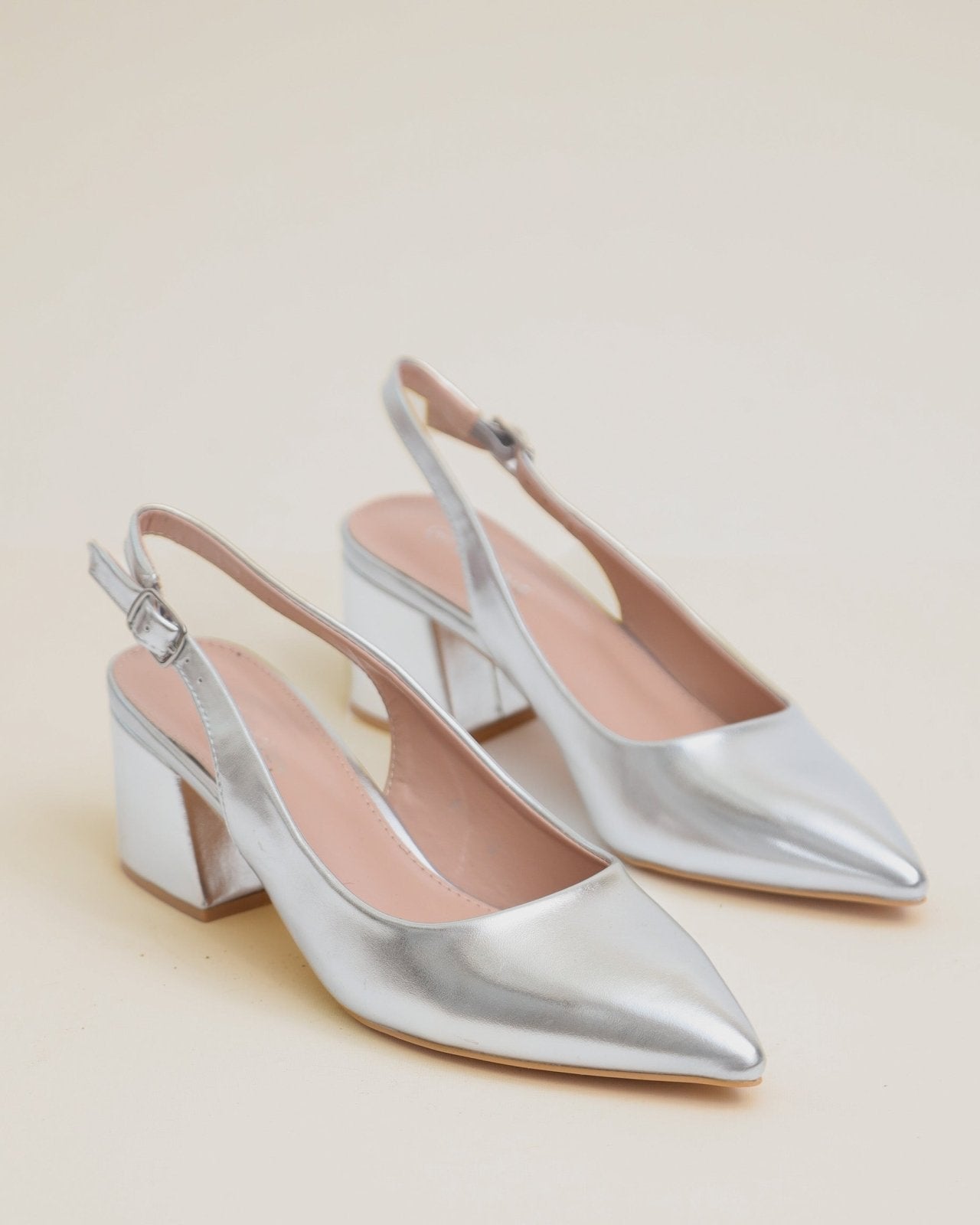 Metallic Silver Slingback Block Heels - Cindy Jane Boutique - Heels