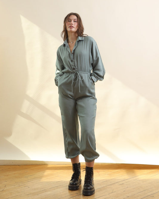 Olive Green Button Down Long Sleeve Jumpsuit - Cindy Jane Boutique - Jumpsuits