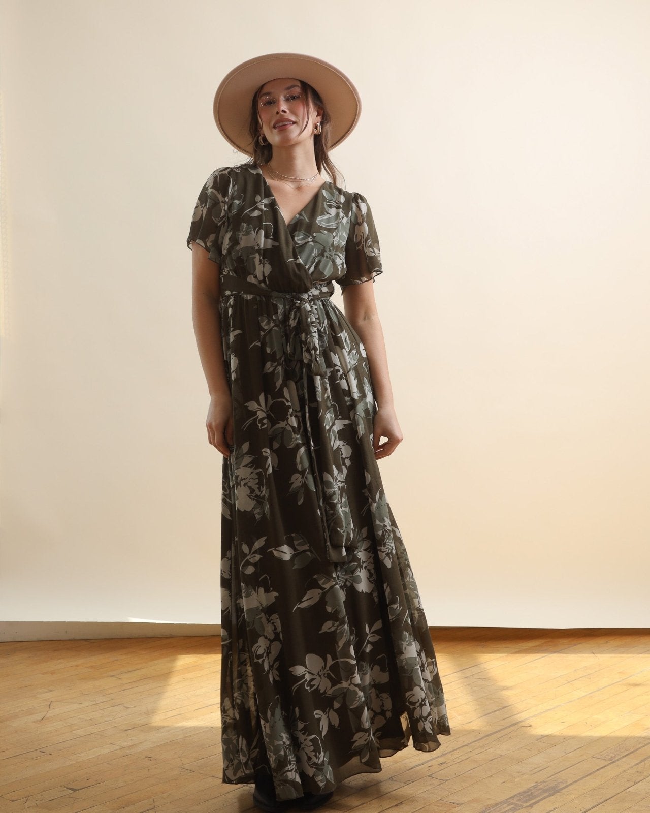 Olive Green Multi Floral Short Sleeve Chiffon Surplice Maxi Dress - Cindy Jane Boutique - Maxi Dresses