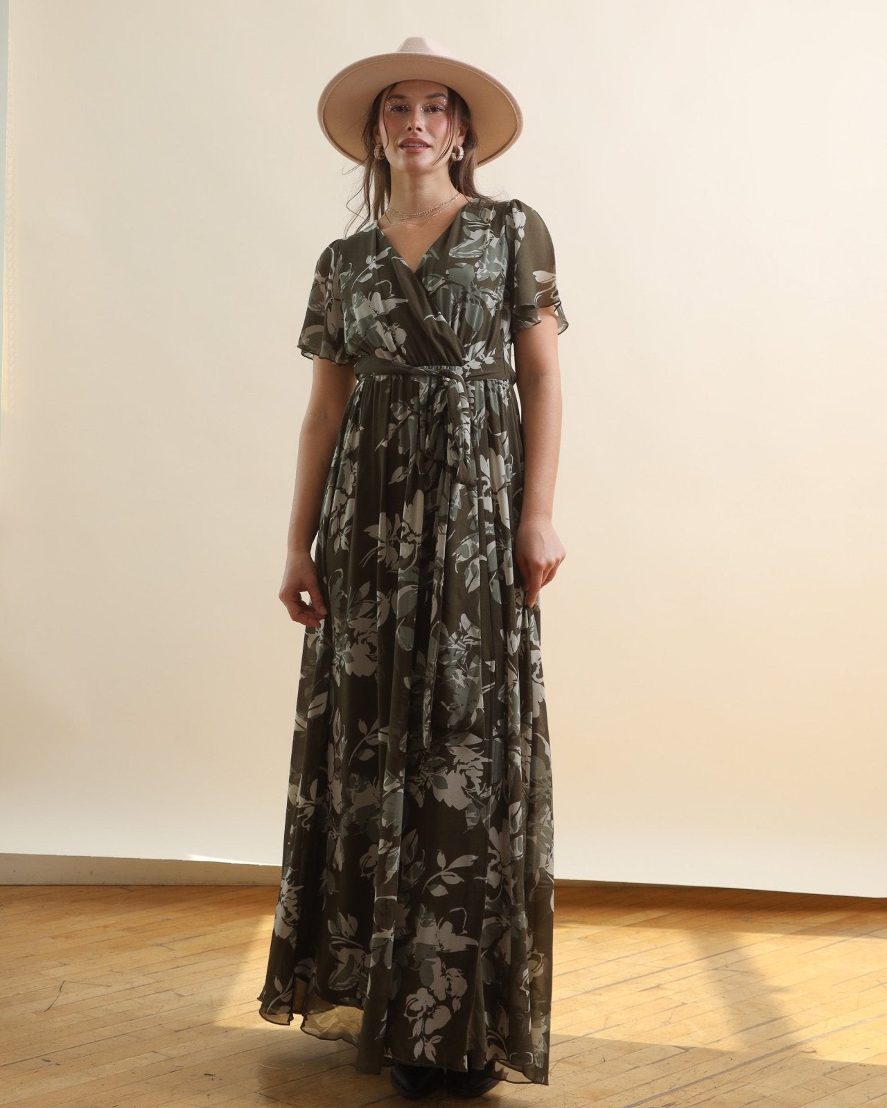 floral dress with sleeves olive green Boho Floral Wrap Maxi Dress: Olive Green Cotton Summer Dress