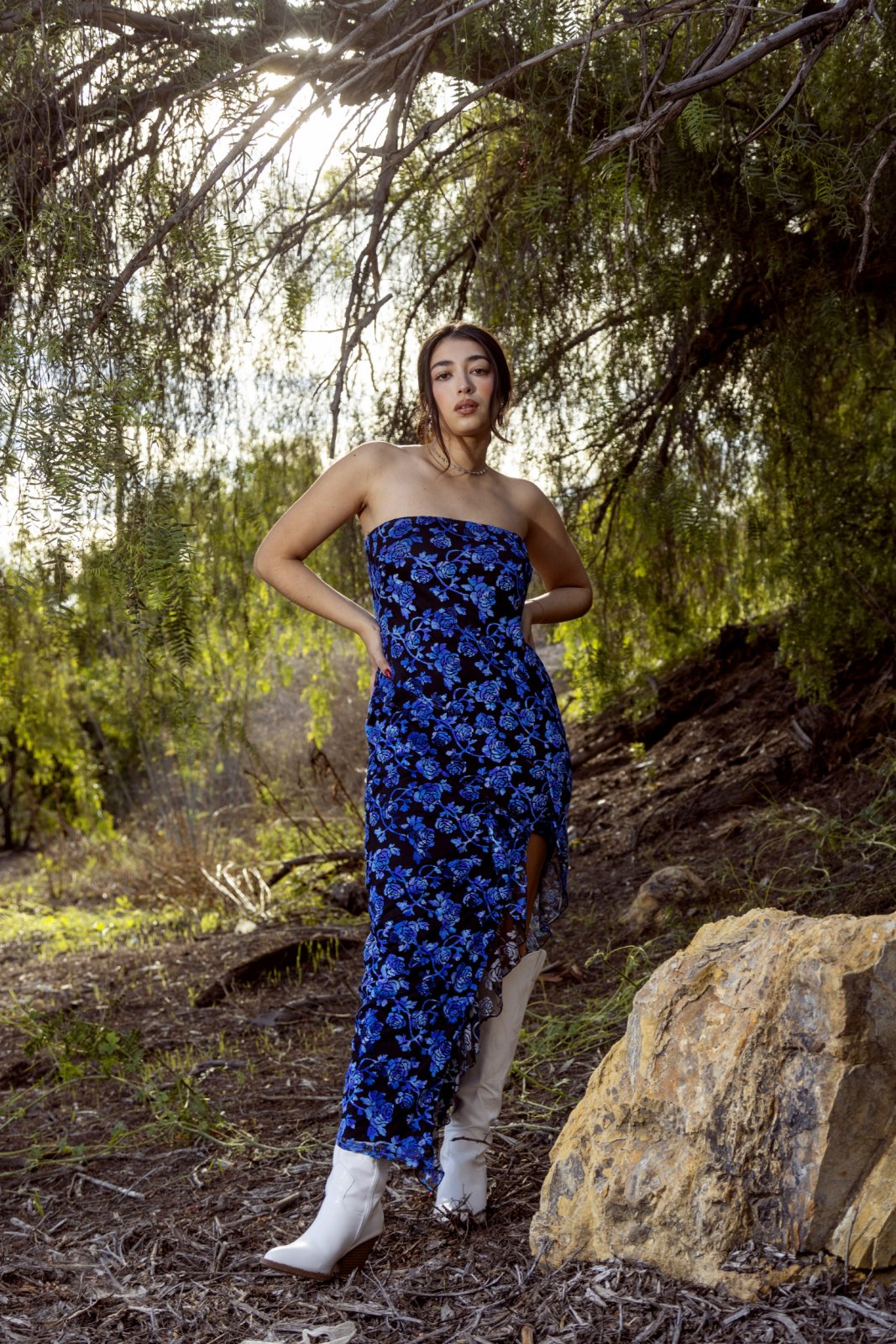 Royal Blue Multi Floral Strapless Slit Maxi Dress - Cindy Jane Boutique - Maxi Dresses