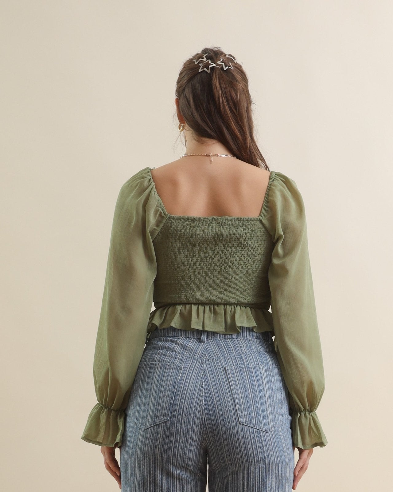 Sage Green Tie Front Long Sleeve Corset Top - Cindy Jane Boutique - Long Sleeve Tops