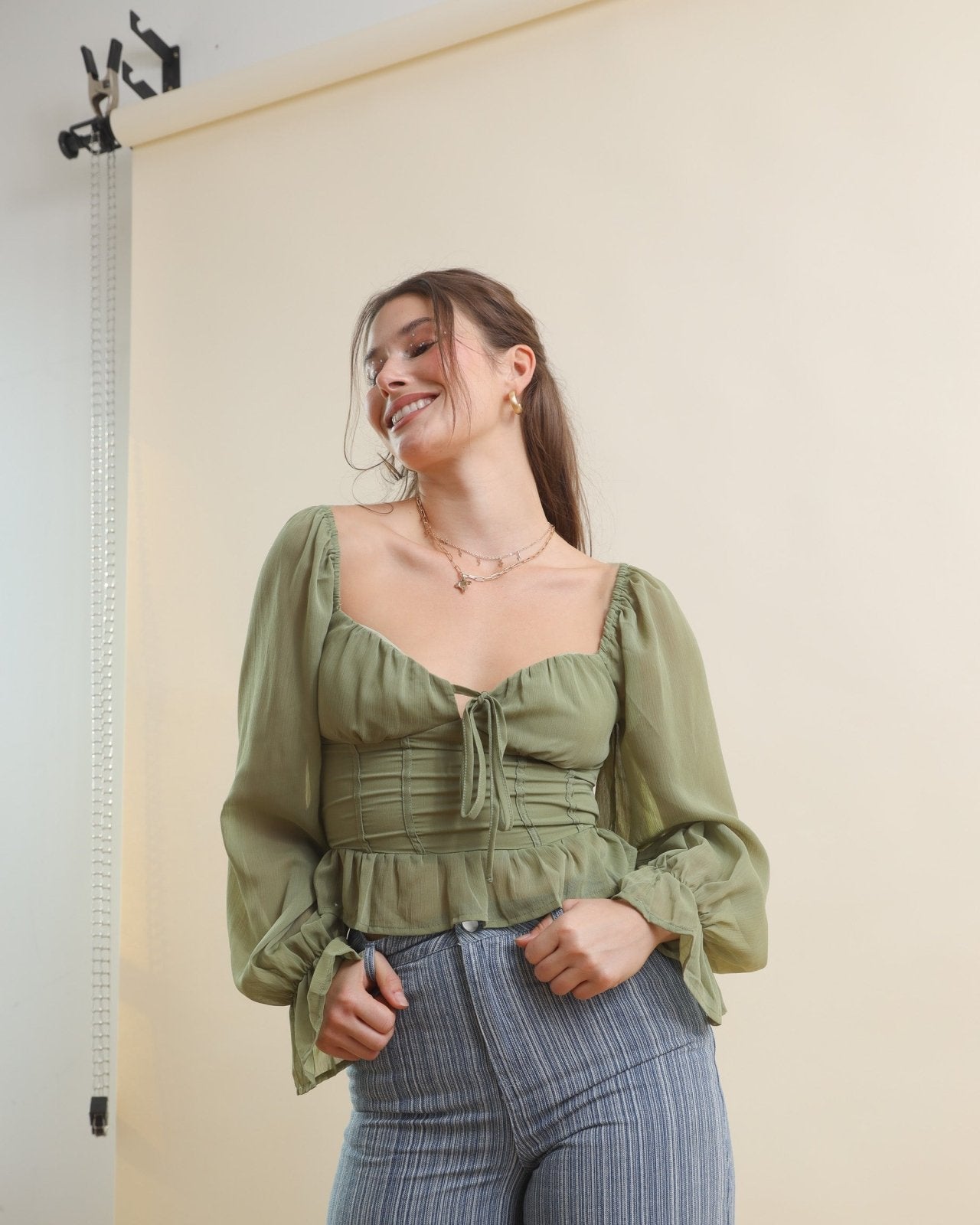 Sage Green Tie Front Long Sleeve Corset Top - Cindy Jane Boutique - Long Sleeve Tops