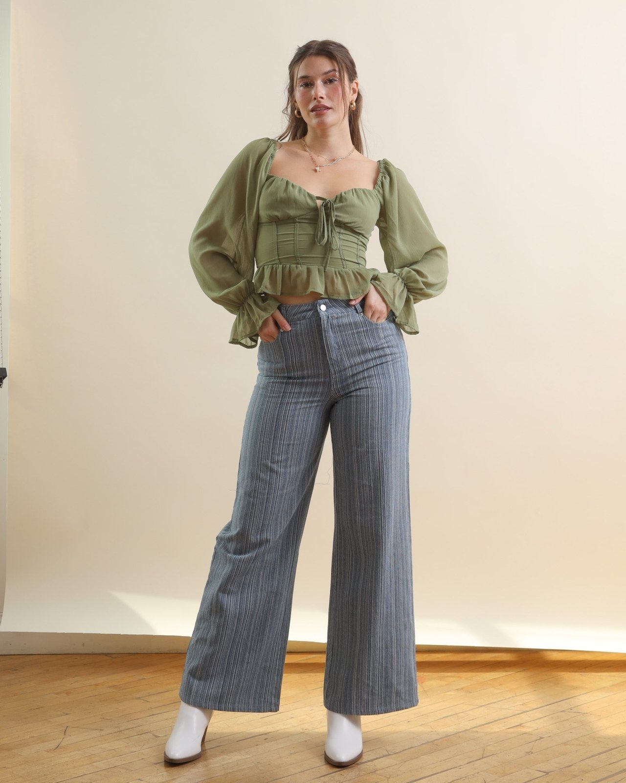 Sage Green Tie Front Long Sleeve Corset Top - Cindy Jane Boutique - Long Sleeve Tops