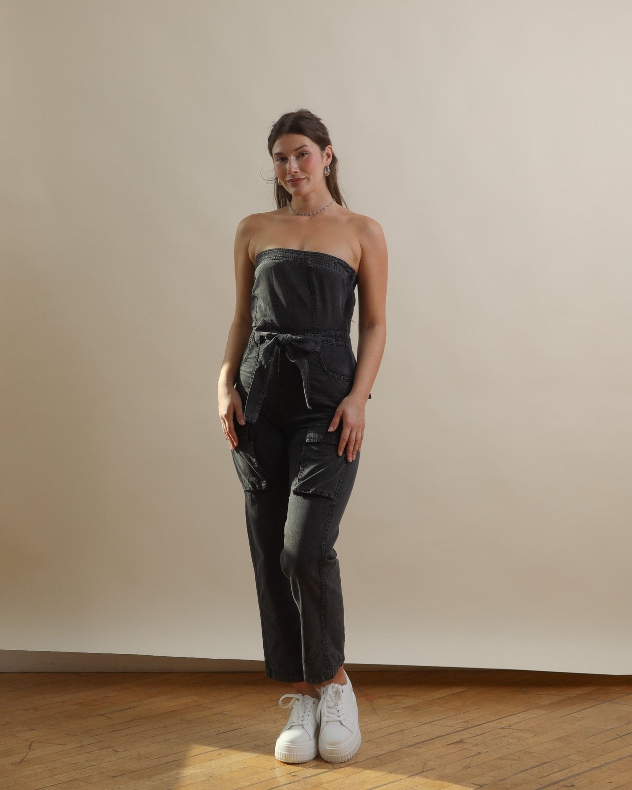 Washed Black Strapless Cargo Jumpsuit with Pockets - Cindy Jane Boutique - Jumpsuits