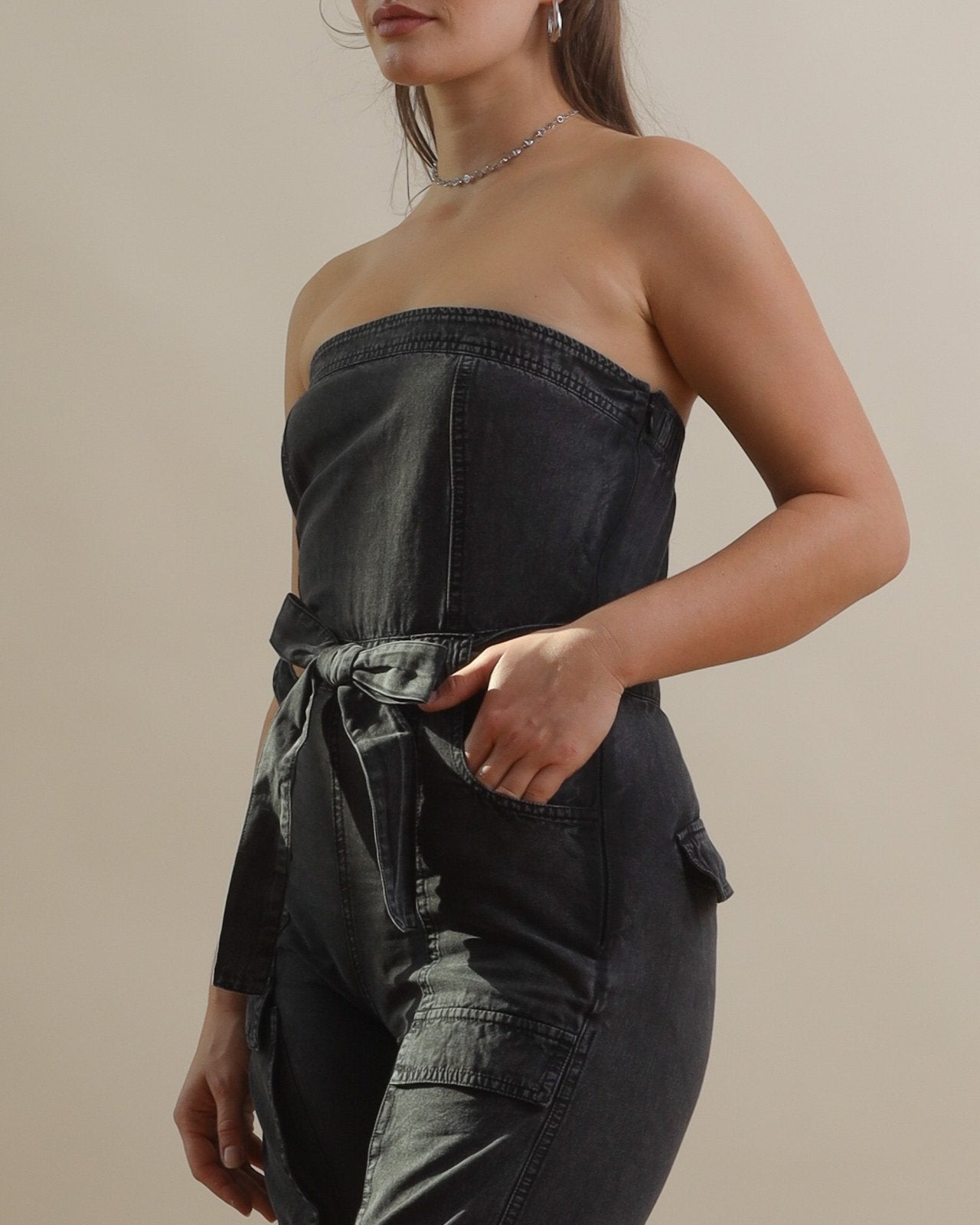 Washed Black Strapless Cargo Jumpsuit with Pockets - Cindy Jane Boutique - Jumpsuits