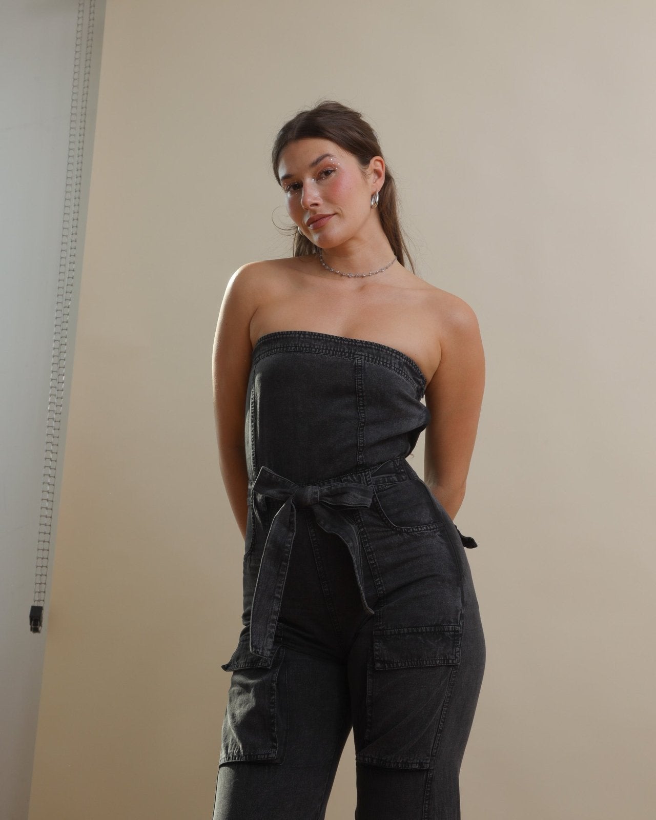 Washed Black Strapless Cargo Jumpsuit with Pockets - Cindy Jane Boutique - Jumpsuits