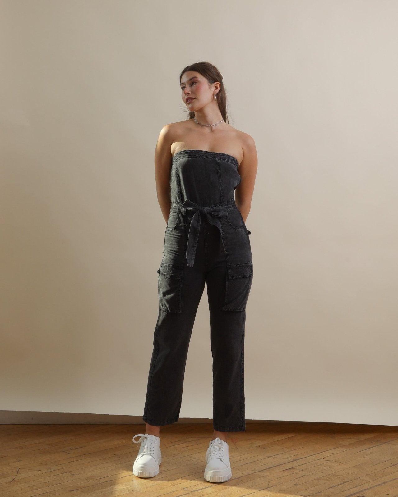 Washed Black Strapless Cargo Jumpsuit with Pockets - Cindy Jane Boutique - Jumpsuits